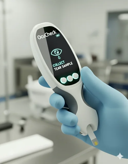 Gloved hand holding the OcuCheck device, official InnSight Technology photograph